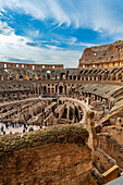 Interior of the Roman Colosseum or Flavian Amphitheater in Rome, Italy. The tunnels under the floor of the arena were called hypogeum.