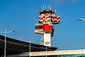 The air traffic control tower at Rome's Leonardo da Vinci International Airport in Fiumicino, Italy.