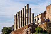 Roman columns along the Via Sacra in the Colosseum Archaeological Park in Rome, Italy.