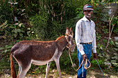 Local man with a donkey in th plage de Ti Mouillage beach in Cayes-de-Jacmel, Cayes de Jacmel, Jacmel, Haiti.