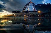 Pool and restaurant of The Ritz-Carlton Langkawi luxury hotel in Langkawi, Malaysia.