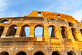 The ancient Roman Colosseum or Flavian Amphitheater with golden sunset light in Rome, Italy.