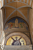 Gold mosaic of St. Andrew over the door of the Duomo of Amalfi, the Cathedral of St. Andrew, in Amalfi, Italy.