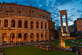 Ruins of the Theater of Marcellus or Teatro di Marcello and columns of the Temple of Apollo Sosianus in Rome, Italy.