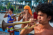 Local people playing the trumpet at local festival of Lawihan Festival in Malapascua island, Cebu, Philippines.