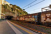 A freight train enters a tunnel by the train station for Riomaggiore, Cinque Terre, Italy.