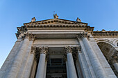 Statues on the loggia in front of the Basilica of St. Paul Outside the Walls, Rome, Italy.