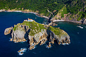 San Juan de Gaztelugatxe, Dragon-stone in Game of Thrones, bridge and stone stairs, Bermeo, Basque Country, Euskadi, Euskaerria, Spain.