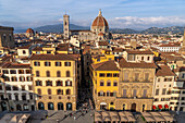 View of the Duomo or Cathedral of Santa Maria del Fiore from the Palazzo Vecchio tower in Florence, Italy.