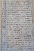 Names on the Monument to the Sorrentine Fallen of the First World War in the Piazza della Vittoria in Sorrento, Italy.