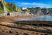 Itzurun beach and Flysch de Zumaia flysch, sedimentary rock formations, Basque Coast Geopark, Zumaia, Gipuzkoa, Basque Country, Spain