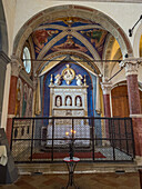 15th Century marble altar in the Chapel of San Bartolo in the Church of Sant'Agostino in Gimignano, Italy. The altar was carved by Benedetto da Maiano. The remains of San Bartolo are inside the altar.