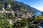 The seaside resort town of Positano terraced on the steep hillside of the Amalfi Coast in Italy.