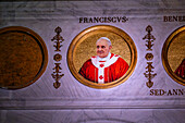 A mosaic portrait of Pope Francis in the Basilica of St. Paul Outside the Walls, Rome, Italy.