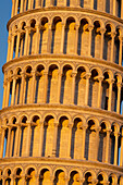 Detail of the Leaning Tower of Pisa, the campanile or bell tower of the Duomo or Cathedral of Pisa. Pisa, Italy.