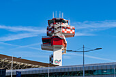 The air traffic control tower at Rome's Leonardo da Vinci International Airport in Fiumicino, Italy.