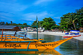 Traditional boats moored in Logon beach, Malapascua island, Cebu, Philippines