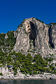 The huge Grotto Castiglione in the limestone cliffs of Capri, Italy, has Roman ruins inside. TheVilla Castiglione is perched on the cliff top.