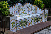 A colorful ceramic bench with a lemon motif in the resort town of Anacapri on the island of Capri, Italy.