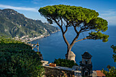 View of the Gulf of Salerno from the Rufolo gardens in Ravello on the Amalfi Coast of Italy.