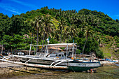 Fisher boat in he seafront at Apo Island, beach and protected landscape and seascape Dauin, Negros Oriental, Philippines.