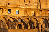 Detail of the interior of the Roman Colosseum or Flavian Amphitheater with golden sunset light in Rome, Italy.