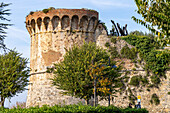 Fortified tower on the city wall of the medieval city of San Gimignano, Italy.