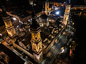 Aerial view of the Cathedral Basilica of Our Lady of the Pillar illuminated at night during Christmas, Zaragoza, Spain