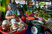 Bintan fruit local market stalls in the Bintan village city center, Bintan island, Riau islands, Indonesia.