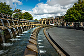 Cutting Edge steel wall and cascading water feature outside Sheffield railway station, Sheffield Gateway, Sheffield, Yorkshire, England