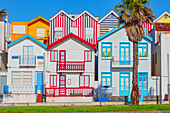 Brightly painted beach homes, Costa Nova do Prado, Aveiro, Portugal, Europe