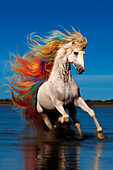 AI generated image of White horse with a flamboyant mane galloping in the water