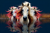 AI generated image of White horses with flamboyant mane reflecting in the water of an imaginary pond with reddish vegetation