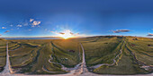 A stunning panoramic 360° view of Song Kol lake at sunrise, Kyrgyzstan