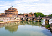 View towards Mausoleum of Hadrian (Castel Sant'Angelo) (Castle of the Holy Angel) and Ponte Sant'Angelo, UNESCO, Rome, Lazio, Italy