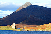 Ardvreck Castle and Stac Pollaidh, Loch Assynt, Ross and Cromarty, Highlands, Scotland, United Kingdom