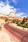 A car driving along scenic road in Zion National Park on a sunny day, Utah, United States of America