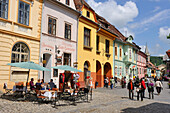 Restaurant terrace, Cetatii square, Old Town, Sighisoara, UNESCO, Transylvania, Romania