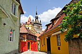 Clock Tower seen from south path leading into Old Town, Sighisoara, UNESCO, Transylvania, Romania