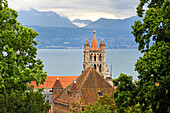 Cathedral of Notre Dame Tower and Chateau Saint-Maire roof, Lake Leman beyond, from Fondation de l'Hermitage, Lausanne, Vaud, Switzerland