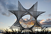 Stainless steel sculpture Ouverture au Monde by artist Angel Duarte, Osche pier in Ouchy, Lake Leman, Lausanne, Canton of Vaud, Switzerland