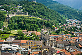 The Castles and town of Bellizona seen from Castelgrande, Canton Ticino, Switzerland