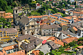 Bellizona and the Church of Saints Peter and Steven, seen from Castelgrande, Canton Ticino, Switzerland