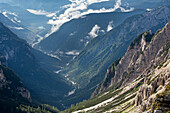 Val Marzon vom Verbindungsweg zwischen den Schutzhütten Auronzo und Lavaredo aus gesehen, Naturpark Drei Zinnen, Dolomiten, Südtirol (Alto Adige), Italien