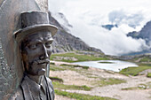 Stele in memory of guide Sepp Innerkofler, 1865-1915, near A.Locatelli-S.Innerkofler refuge, Three Peaks Nature Park, Dolomites, South Tyrol, Italy