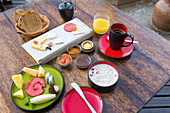 Breakfast at Alila Jabal Akhdar hotel, nestled 2000 metres above sea level, surrounded by Al Hajar Mountains, Sultanate of Oman, Arabian Peninsula