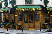 Terrace of restaurant Camille at Christmas on Rue du Francs Bourgeois in the Marais, Paris, France