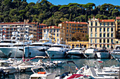 Superyacht and boats moored in Port de Nice, UNESCO, Alpes Maritimes, French Riviera, Provence, France