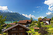 Traditional chalets overlooking Lake Brienz, Brienz, Bernese Oberland, Switzerland