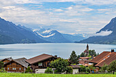 Reformed Church and chalets, Lake Brienz, Brienz, Bernese Oberland, Switzerland